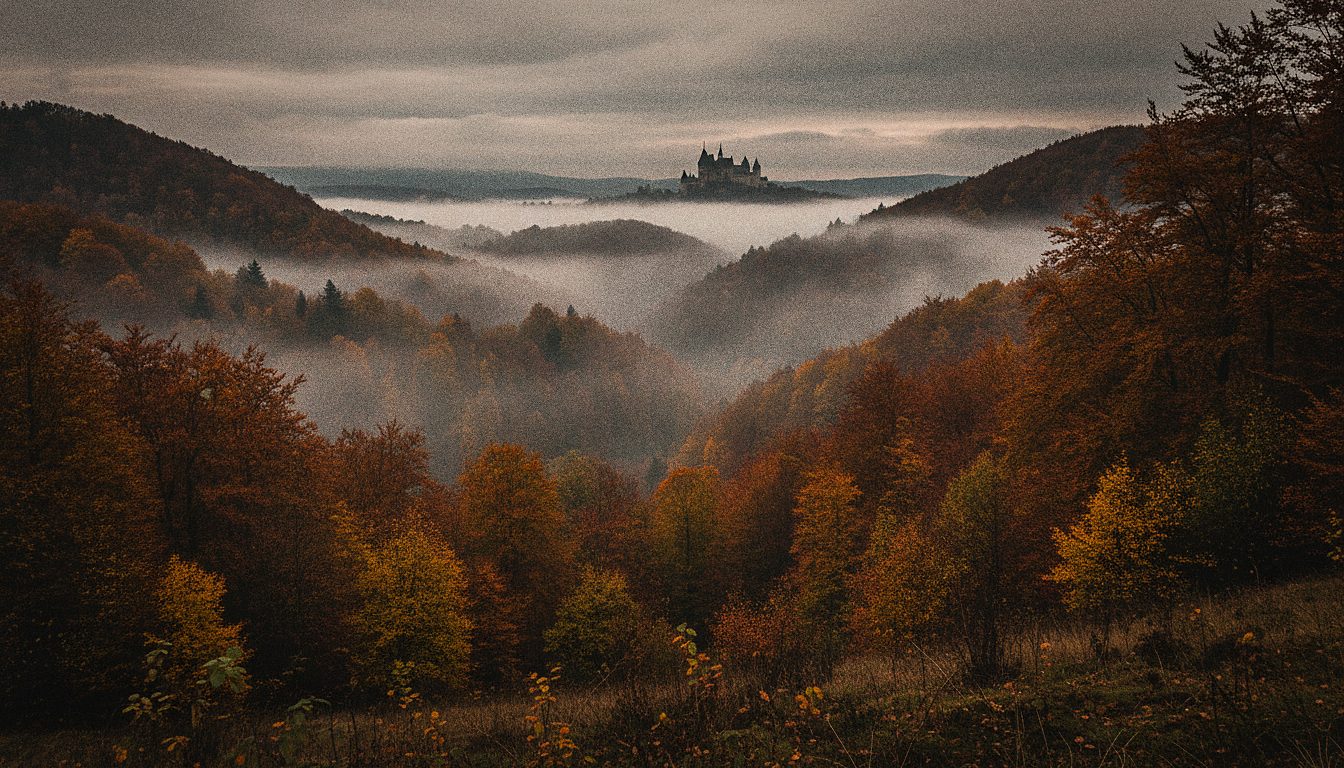 Forested Carpathian valley in autumn mist under an overcast sky